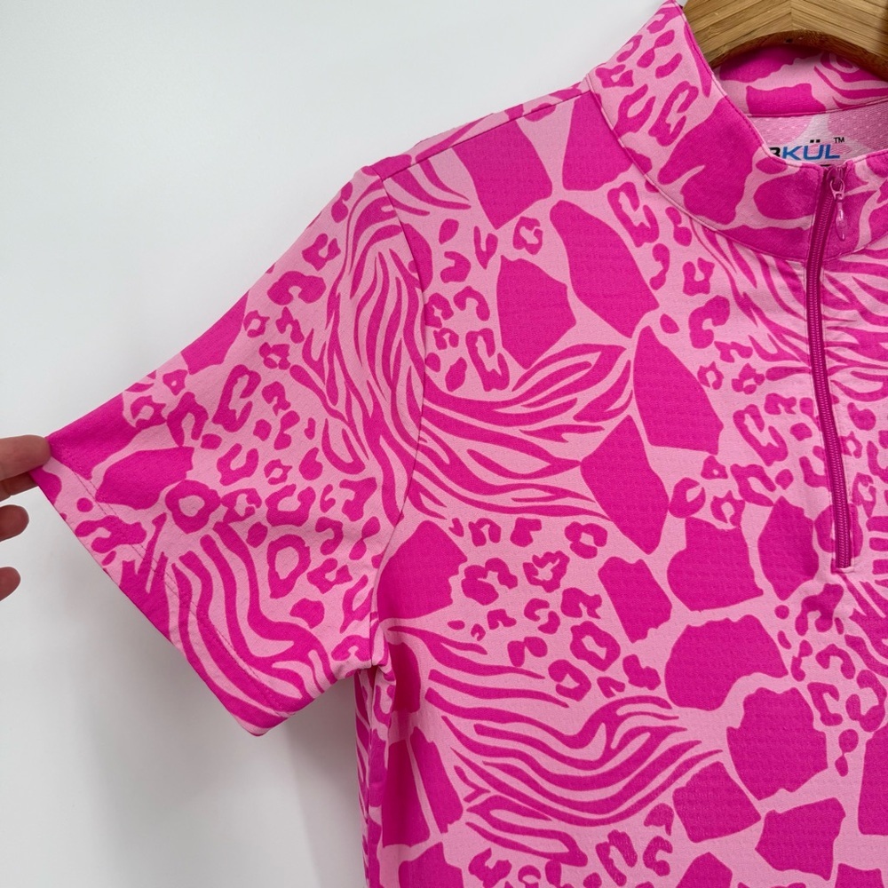 Ibkul Bianca Pink Animal Print Short Sleeve Quarter Zip Mock Neck Size L - Picture 5 of 7